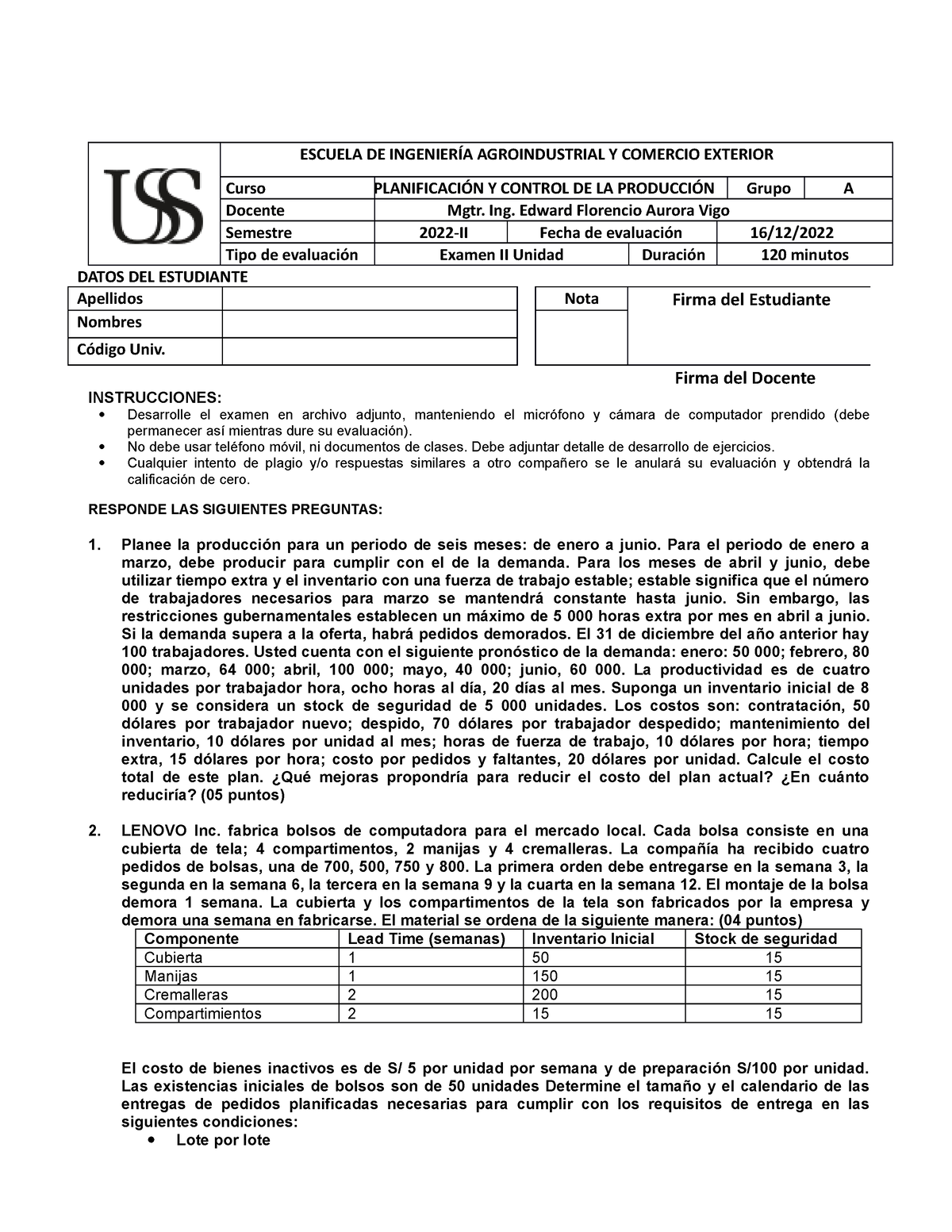 Examen B (Examen P 2) Planeamiento - ESCUELA DE INGENIERÍA ...