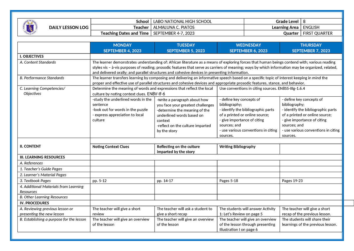 DLL ENG Q1 W2 - LESSON LOG - DAILY LESSON LOG School LABO NATIONAL HIGH ...