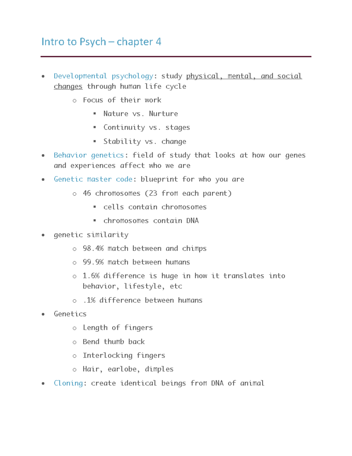 Intro To Psych Chapter 4 - Intro To Psych – Chapter 4 • Developmental ...