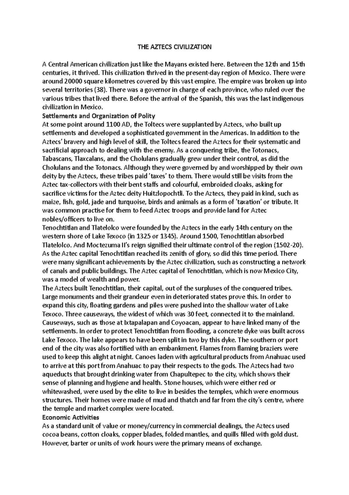 THE Aztecs Civilization - THE AZTECS CIVILIZATION A Central American ...