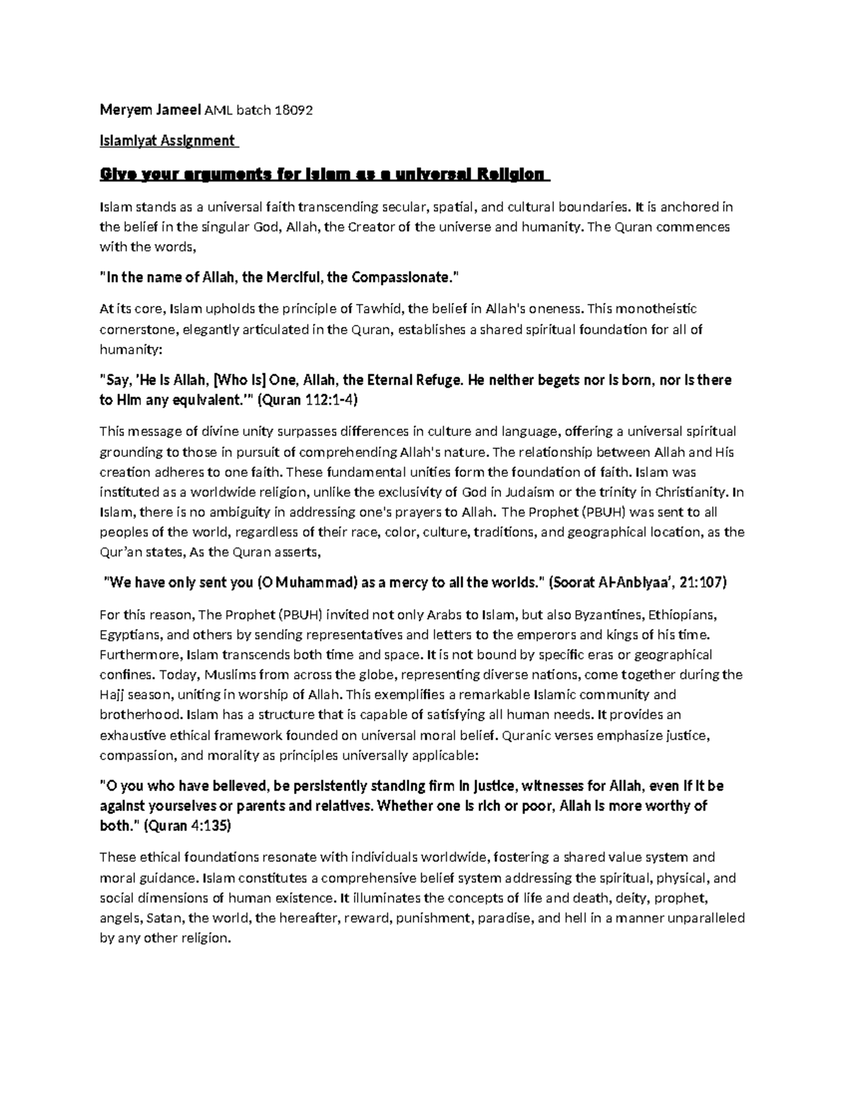 Assignment 1 - lecture notes - Meryem Jameel AML batch 18092 Islamiyat ...