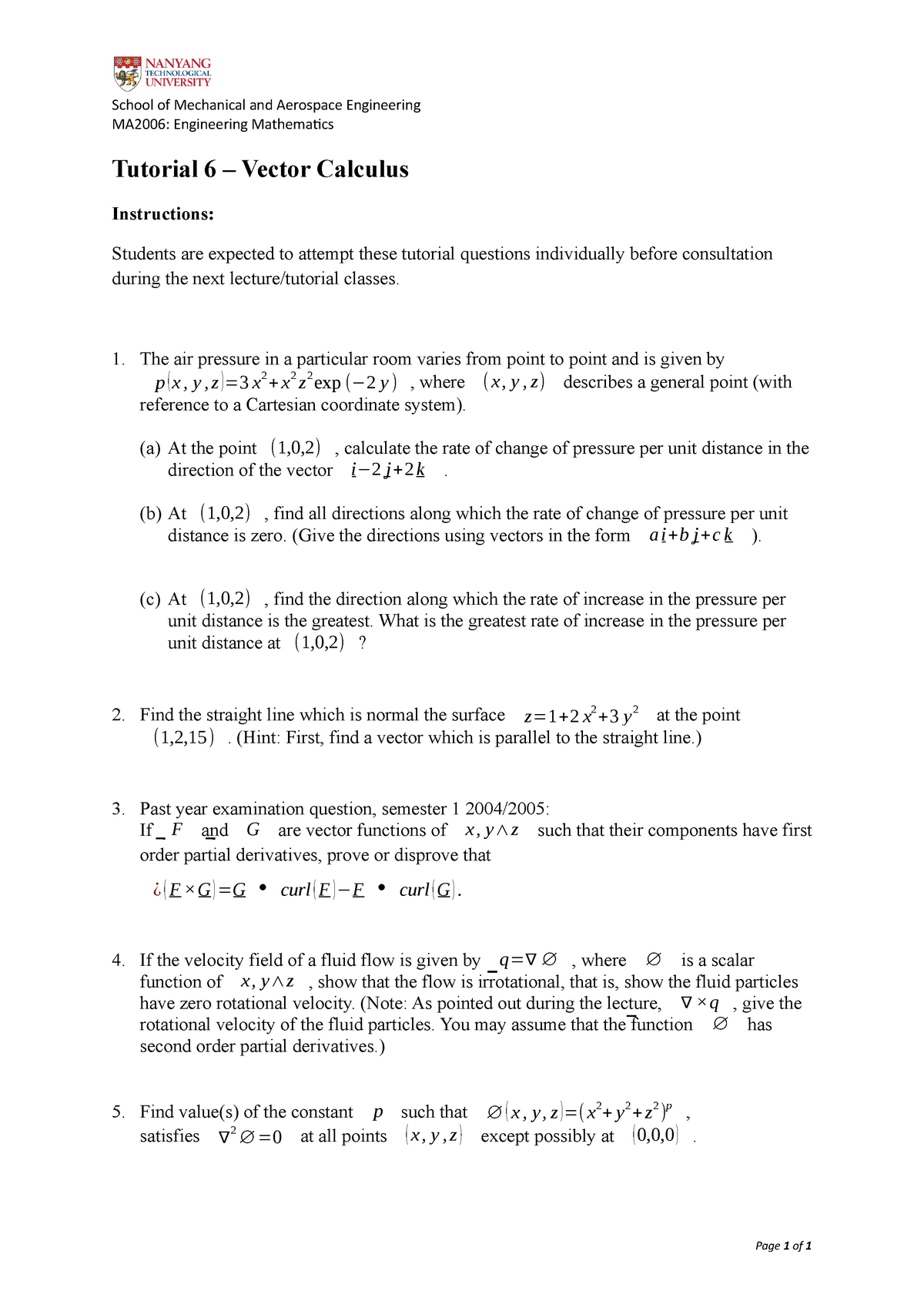 Ma06 Tutorial 6 Vector Calculus V1 2 Studocu