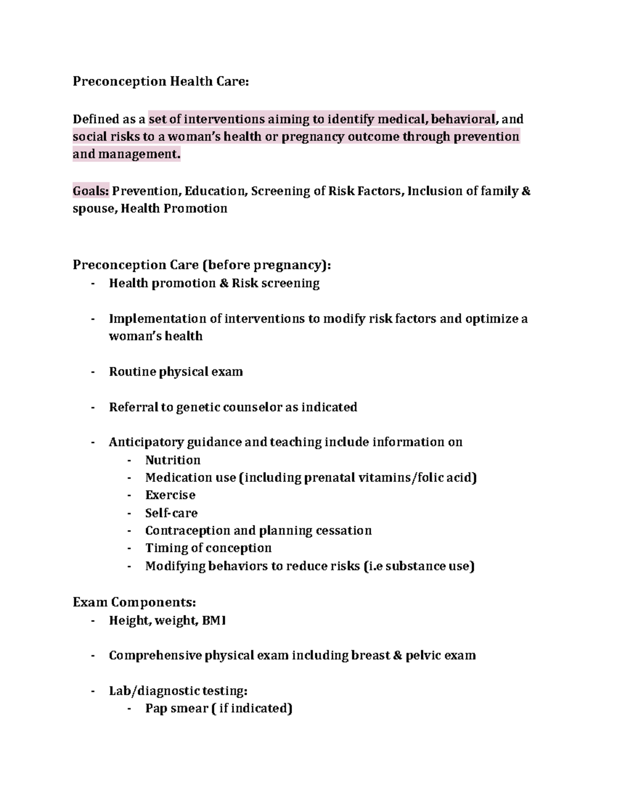 NUR 348 Maternity Week 2 Preconception Health Care Defined as aset