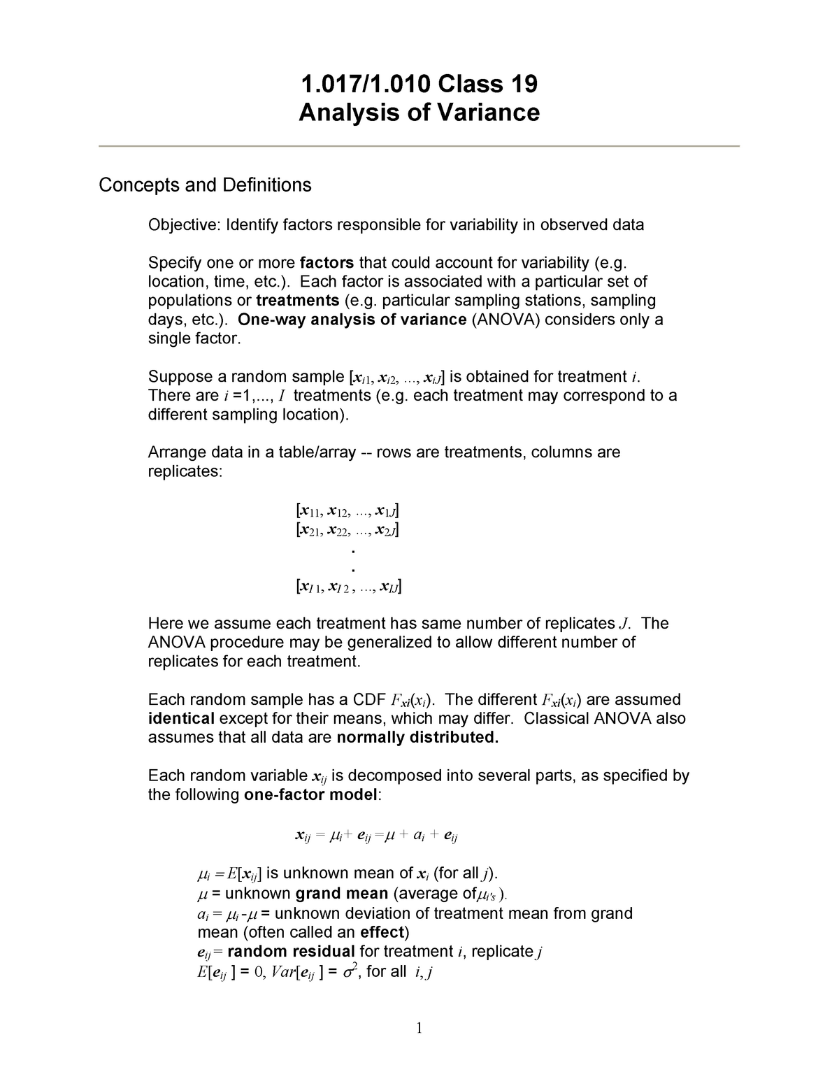 Analysis Of Variance - Lecture Notes 1-4 - 1.017/1 Class 19 Analysis Of ...