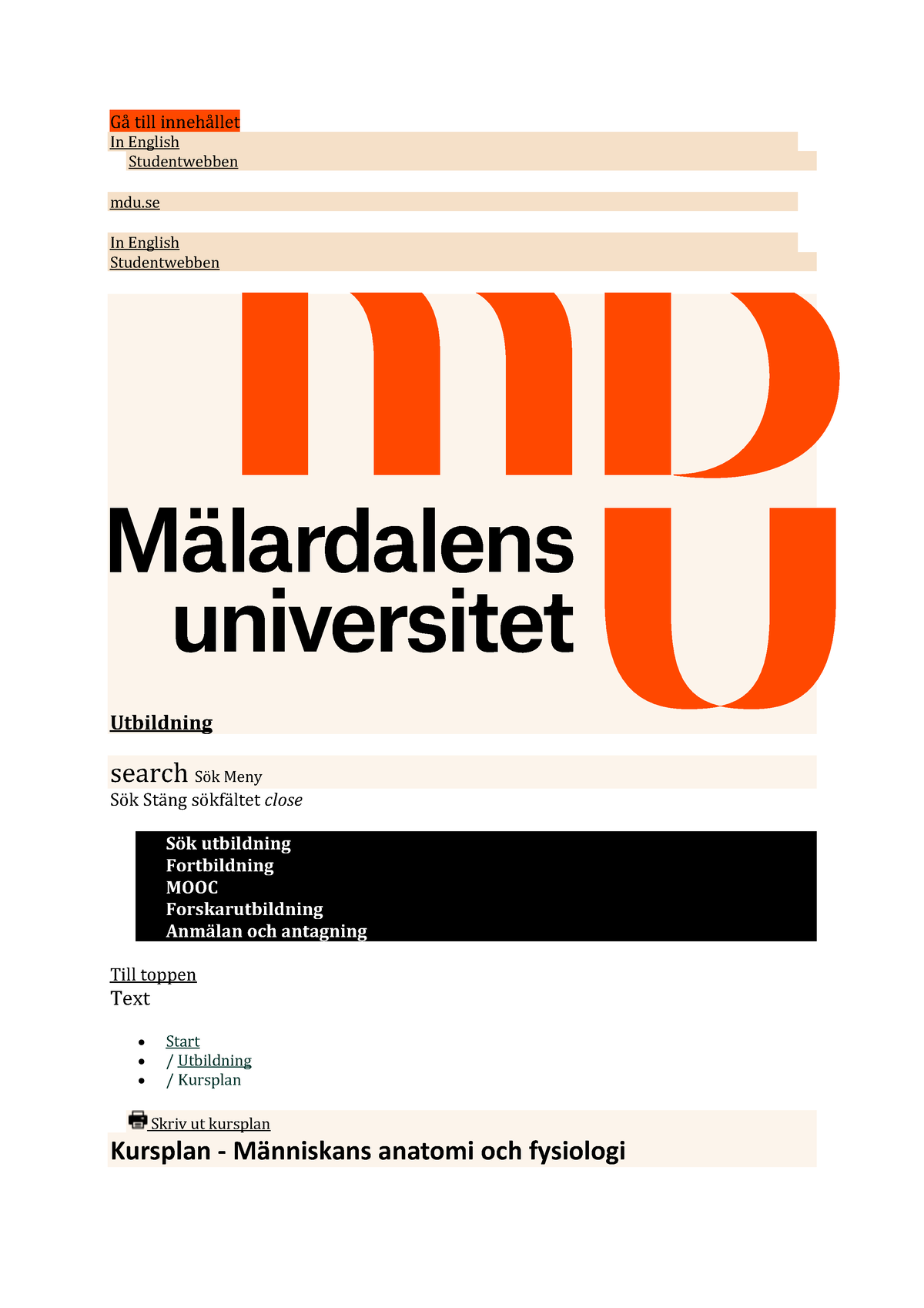 Kursplan - Människans Anatomi Och Fysiologi - Mälardalens Universitet ...