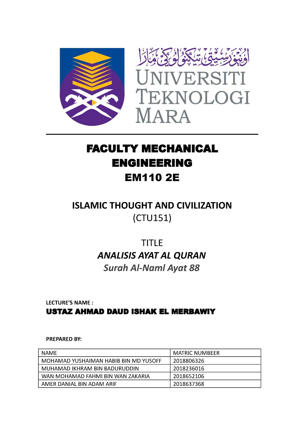 Analisis Ayat Al Quran Ctu Senarnya Faculty Mechanical Engineering Em110 2e Islamic Thought And Studocu