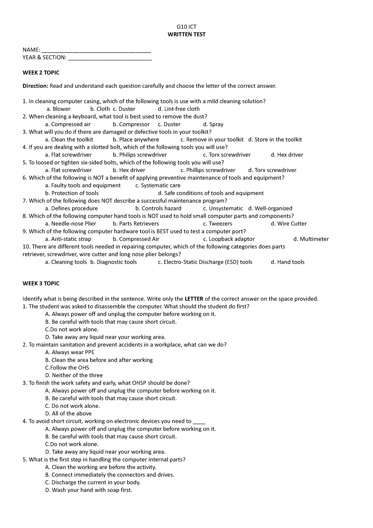 G10 ICT Written TEST - Modules - G10 ICT WRITTEN TEST NAME