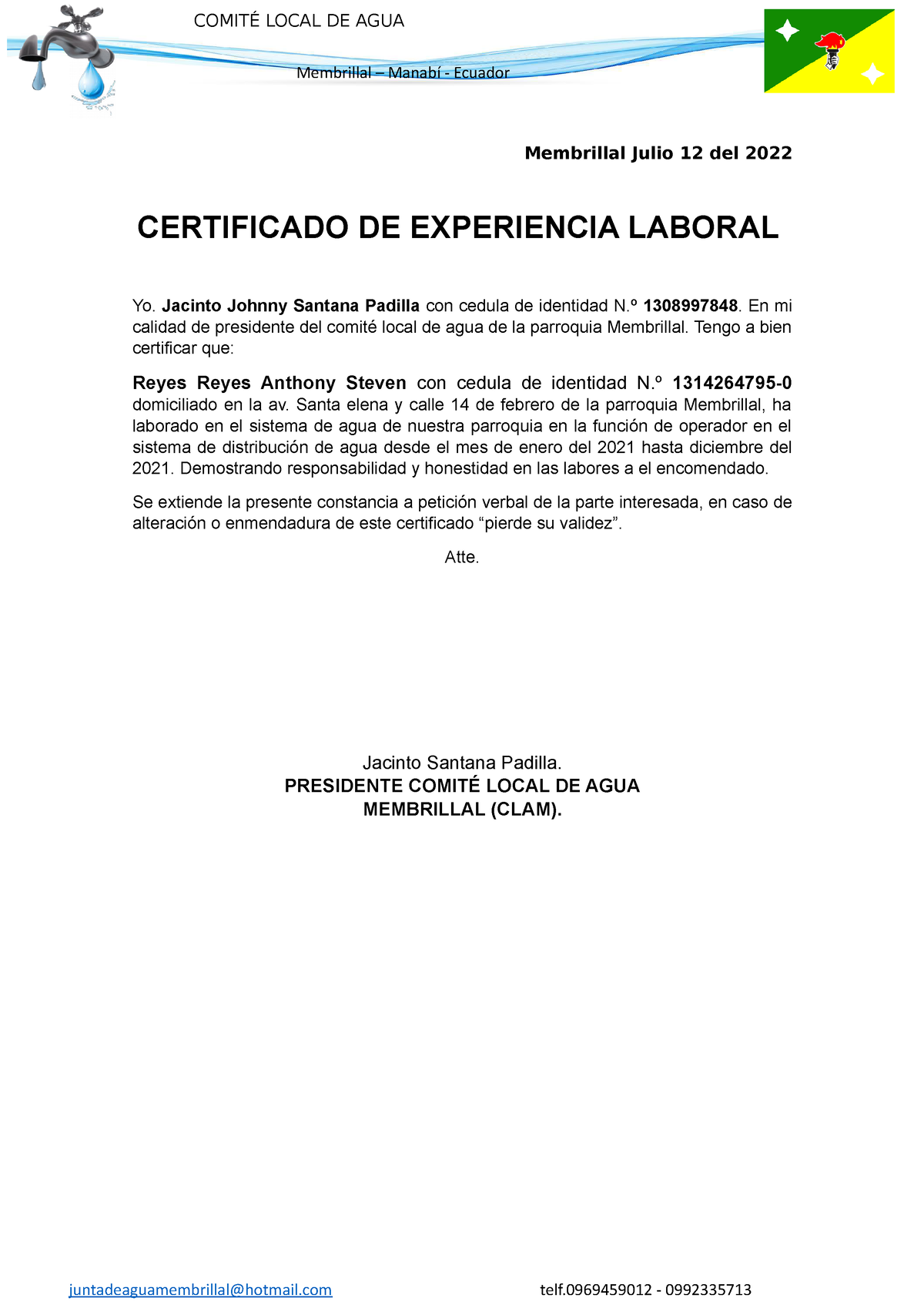 Certificado Laboral Agua Anthony Membrillal Julio 12 Del 2022 Certificado De Experiencia 4552