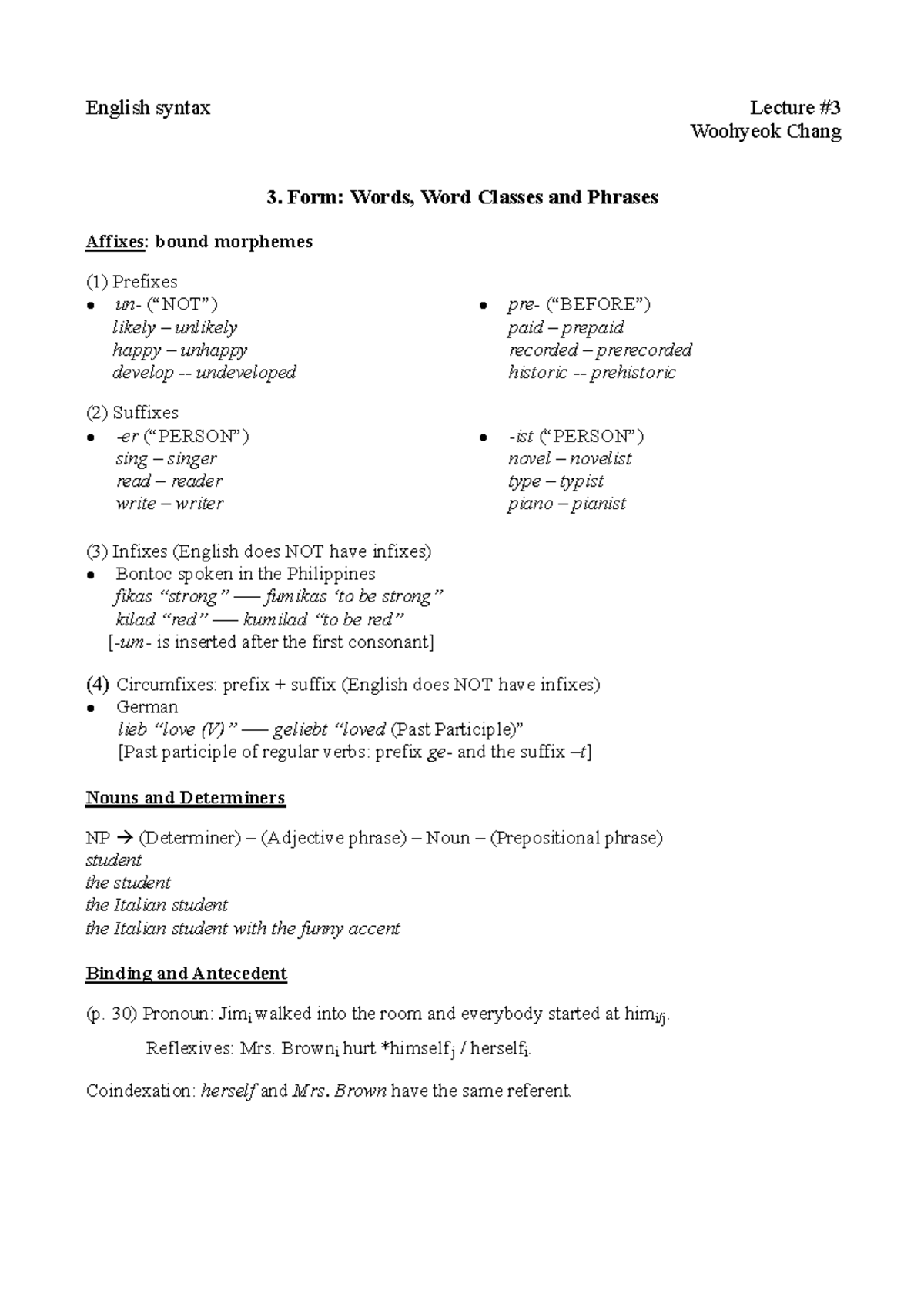 3 - English Syntax - English syntax Lecture Woohyeok Chang 3. Form ...
