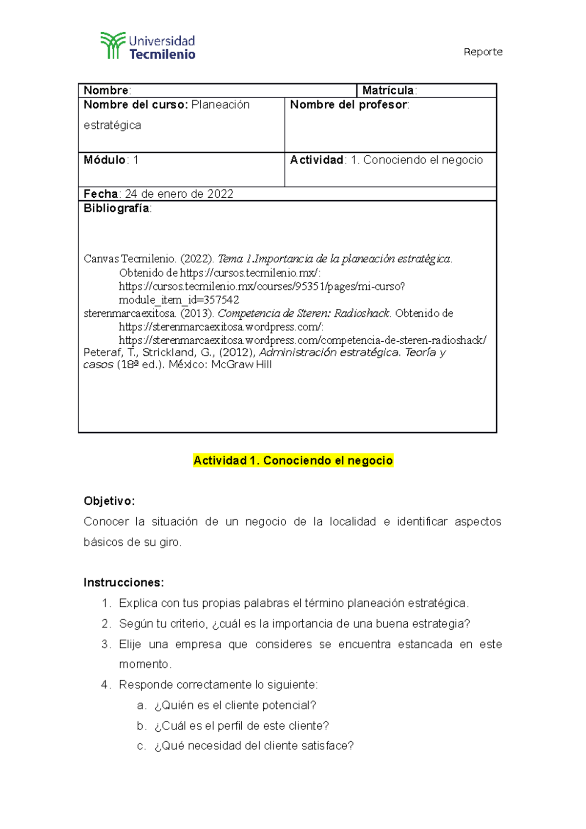 Actividad 1 Planeación estratégica - Nombre: Matrícula: Nombre del ...