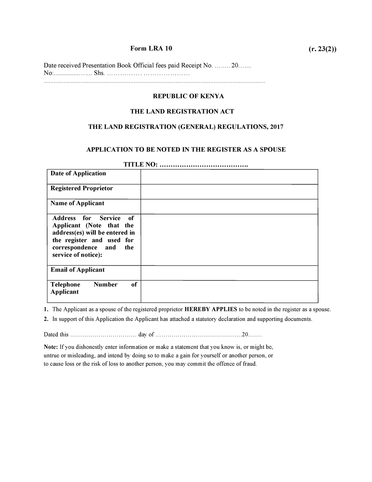 FormLRA9 General ApplicationFOR Registration Form LRA 10 (r. 23