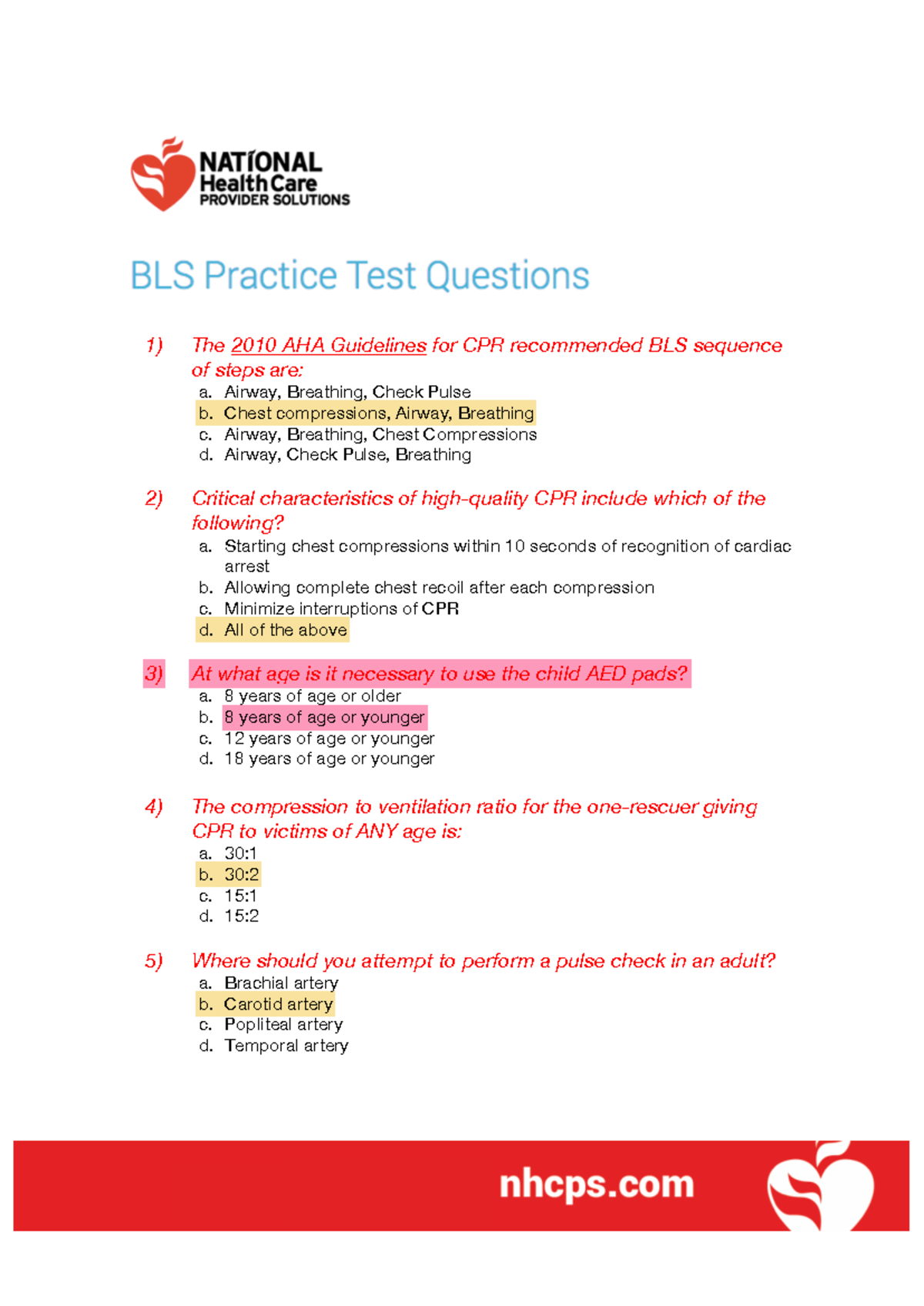 291594818 BLS Practice Test Questions - 1) The 2010 AHA Guidelines for ...