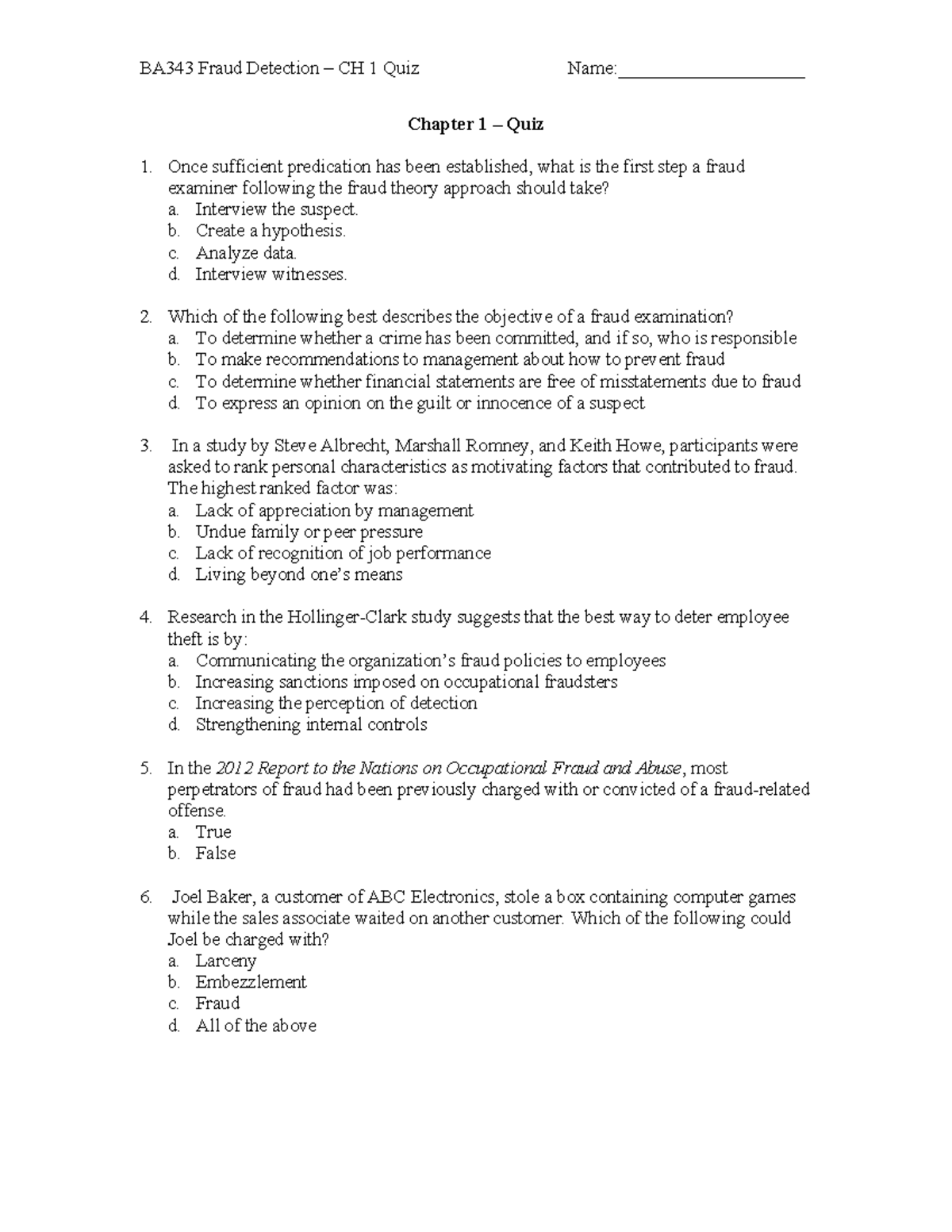 CH1 Quiz - Chapter 1 Quiz Required - BA343 Fraud Detection – CH 1 Quiz ...