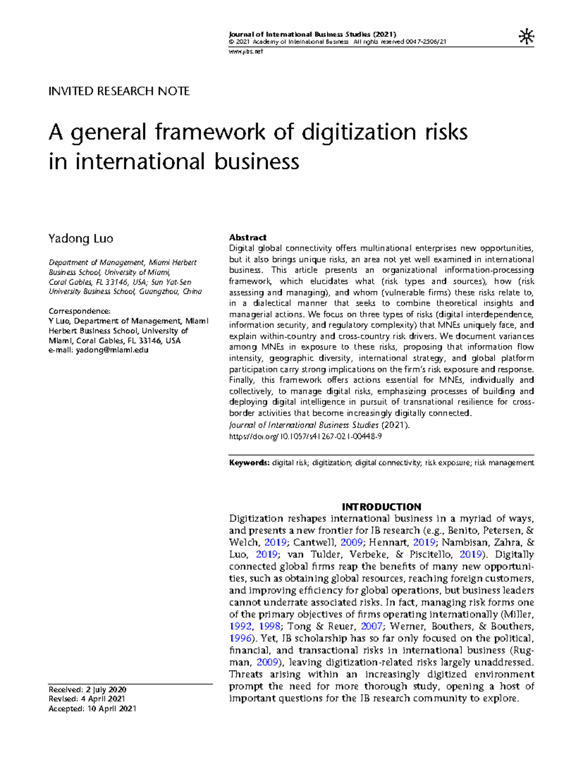 A general framework of digitization risks in international business ...