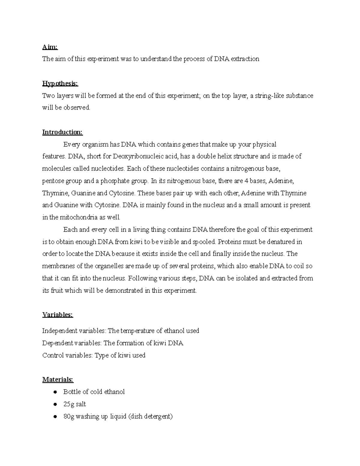 BIO Kiwi DNA extraction lab Aim 7KH DLP RI WKLV H[SHULPHQW ZDV WR