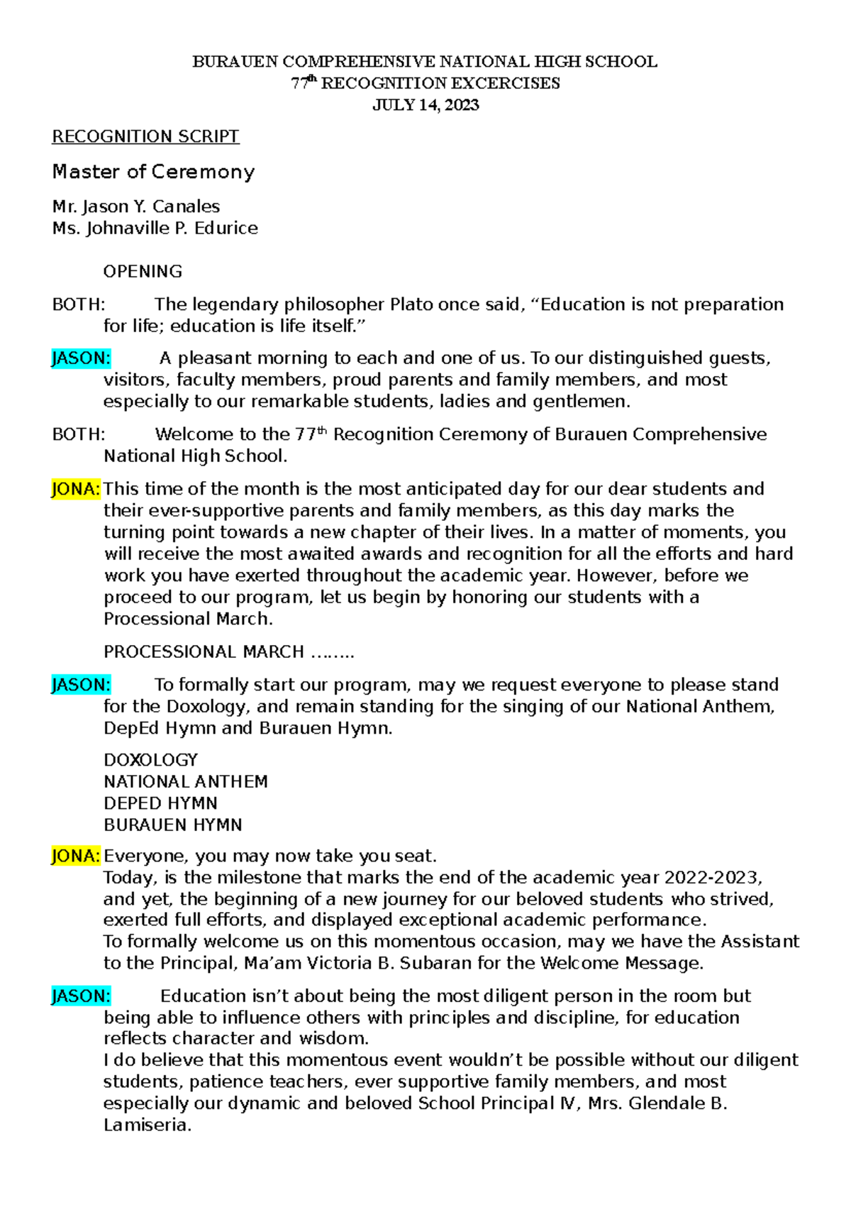 Recognition Script - It can help you - BURAUEN COMPREHENSIVE NATIONAL ...