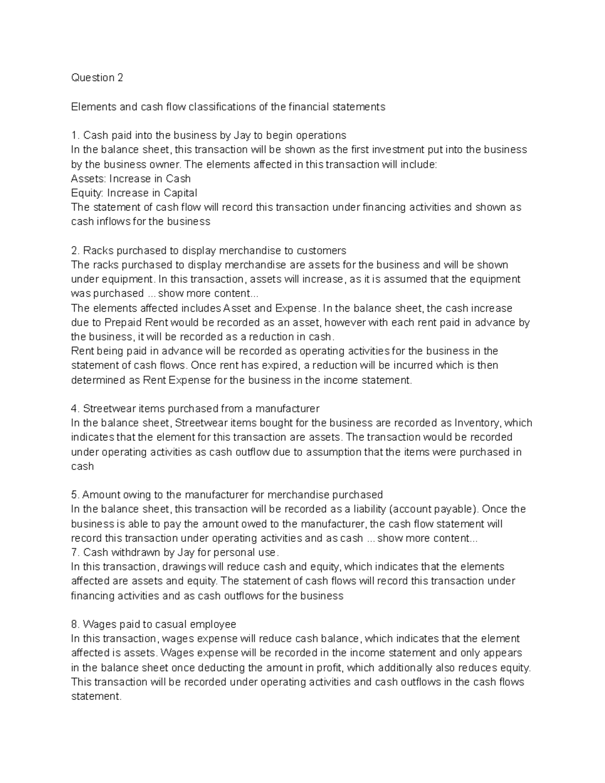 Elements Of Cash Flow In Financial Statement Question 2 Elements And Cash Flow Classifications 