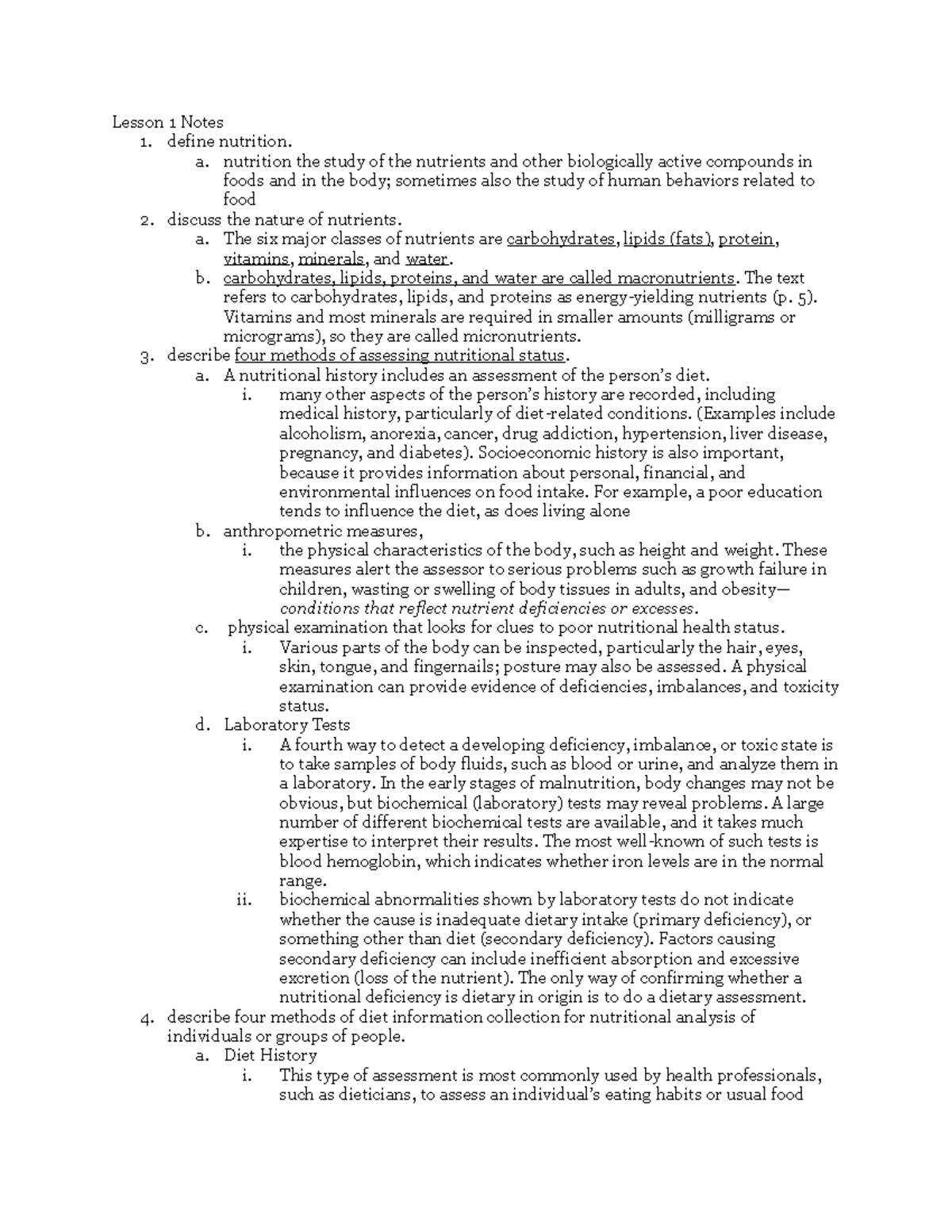 Midertm Units 1-8 - Summary Nutrition for Health - Lesson 1 Notes 1 ...