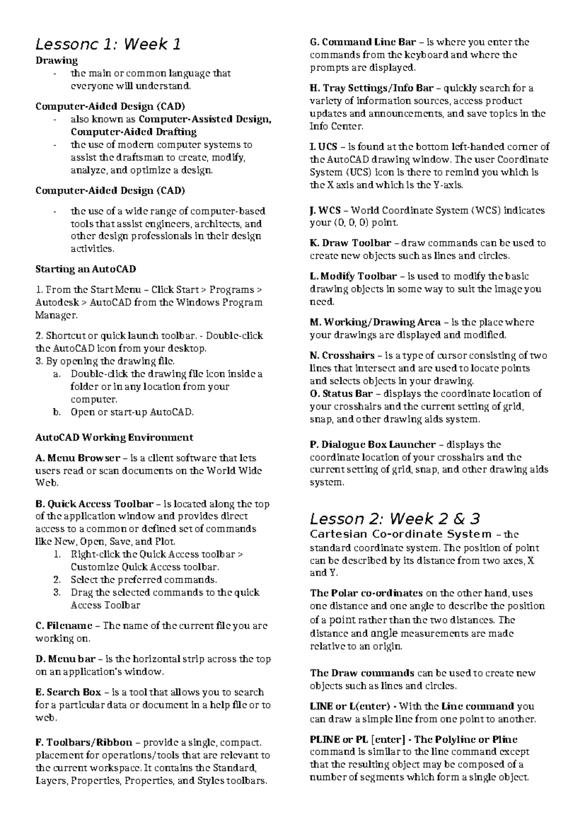 Drafting - All Lesson - Lessonc 1: Week 1 Drawing - the main or common ...
