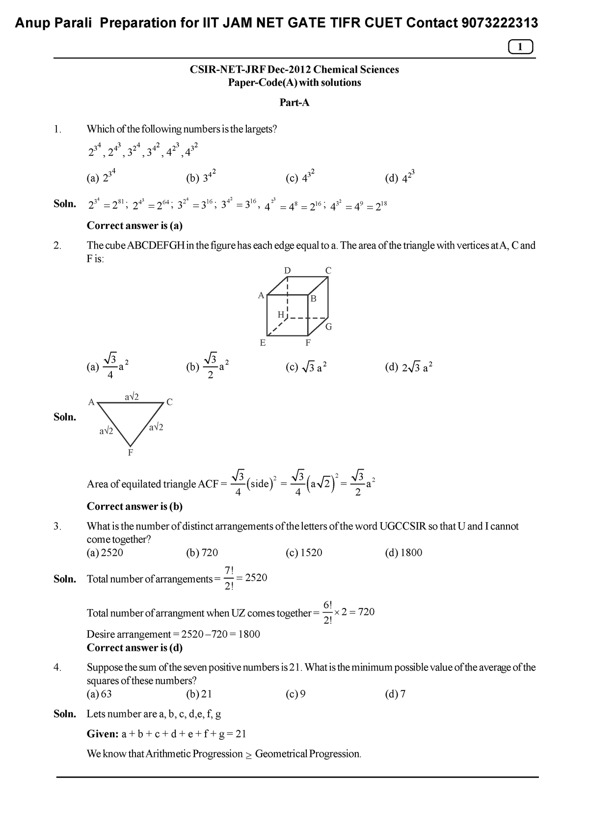 CSIR DEC. 2012 Solution - 1 CSIR-NET-JRF Dec-2012 Chemical Sciences ...