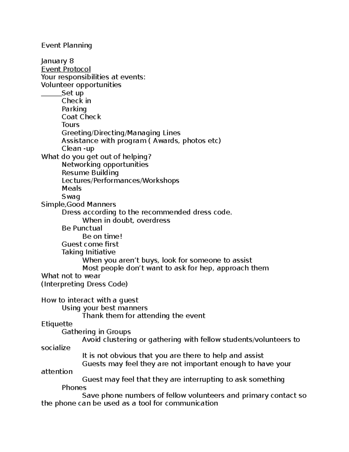 Event Planning notes - Event Planning January 8 Event Protocol Your ...