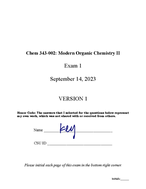 CHEM 343 Exam 1 Version 2 2023 - Chem 343-002: Modern Organic Chemistry ...