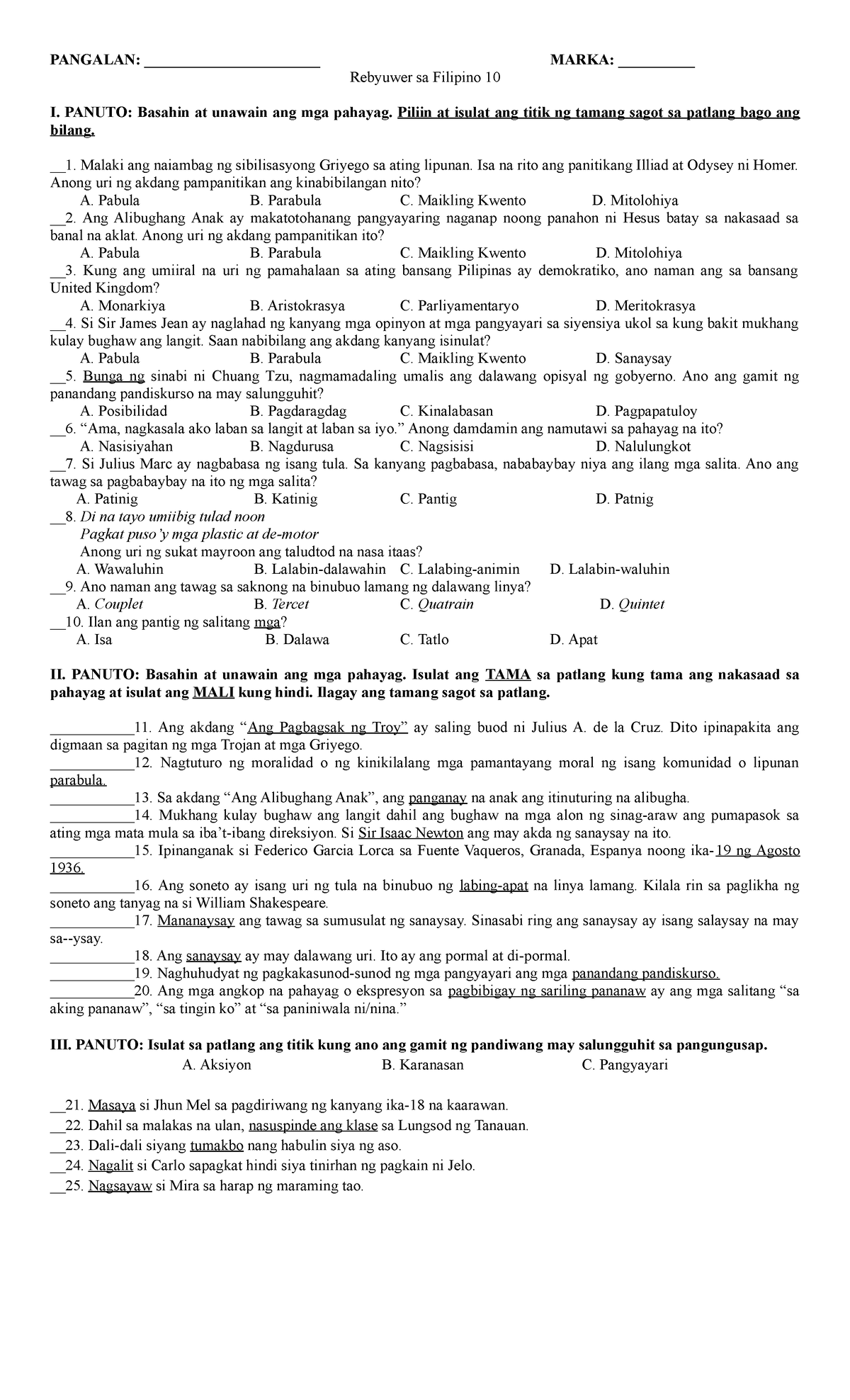 Rebyuwer G10 - Pagsasanay sa mga gawain sa Filipino 6-7. - PANGALAN