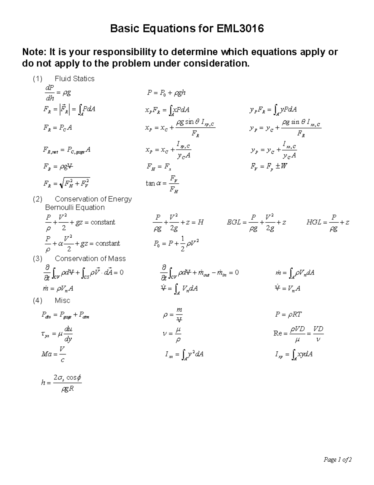 Equations Exam 1 - Page 1 of 2 Basic Equations for EML Note: It is your ...