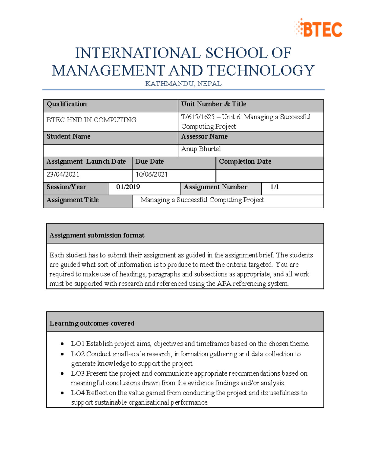 Unit 6 Managing a Successful Computing Project - New - INTERNATIONAL ...
