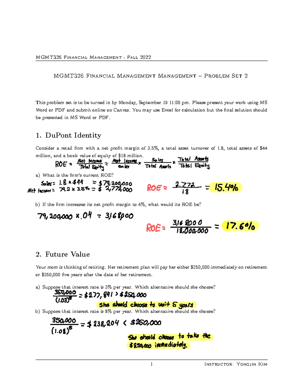 Problem Set #2 - Fall 2022 - MGMT326 Financial Management - Fall 2022 ...