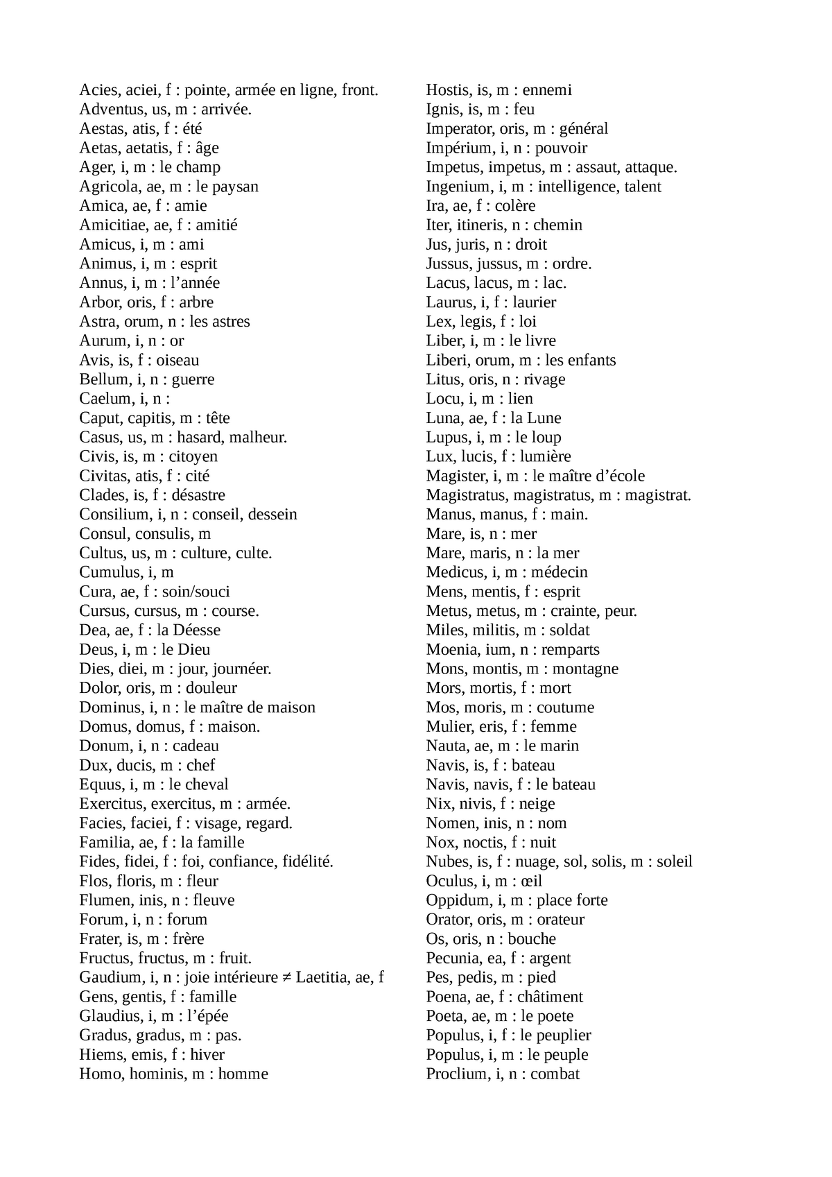 Vocabulaires de latin toutes d clinaisons Acies aciei f