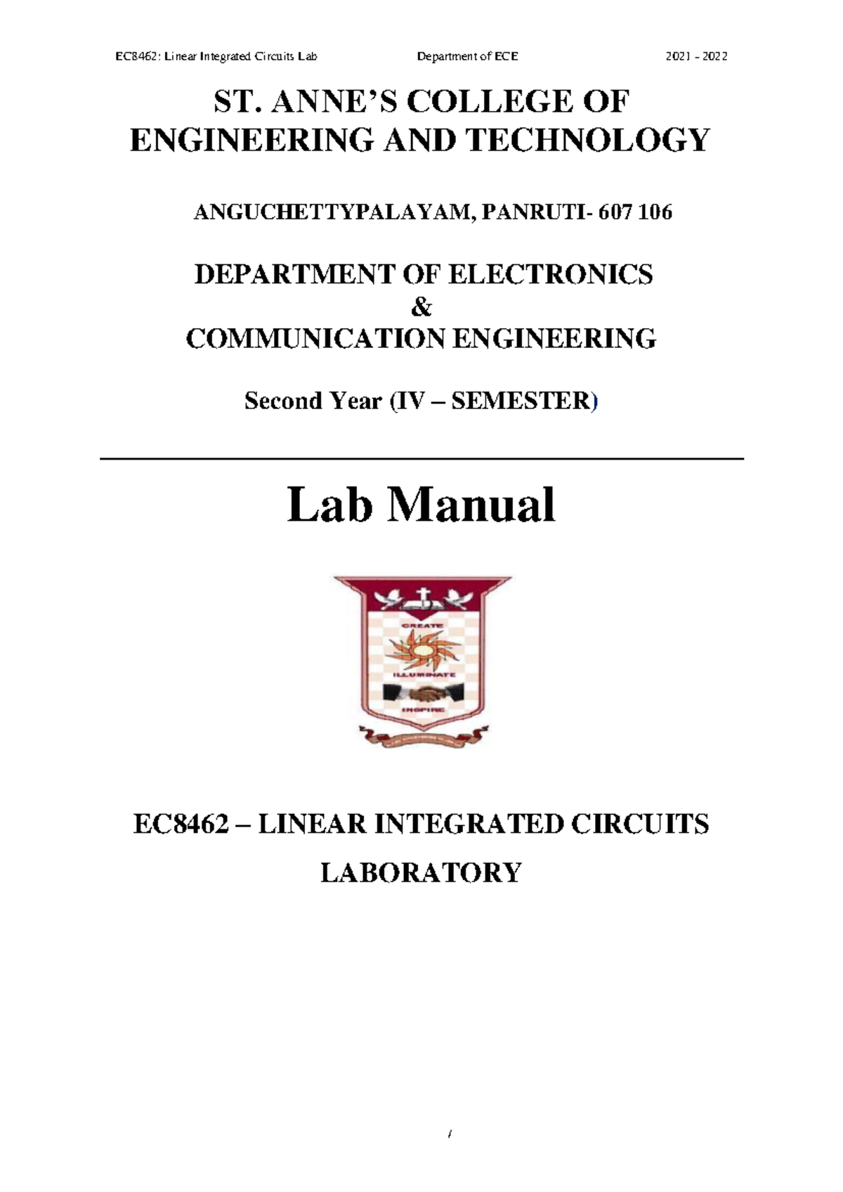 EC8462 Linear Integrated Circuits LAB1430566332EC 8462 LIC LAB