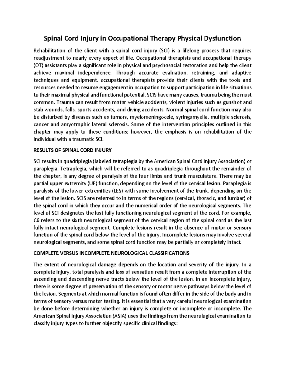 Spinal Cord Injury in Occupational Therapy Physical Dysfunction ...