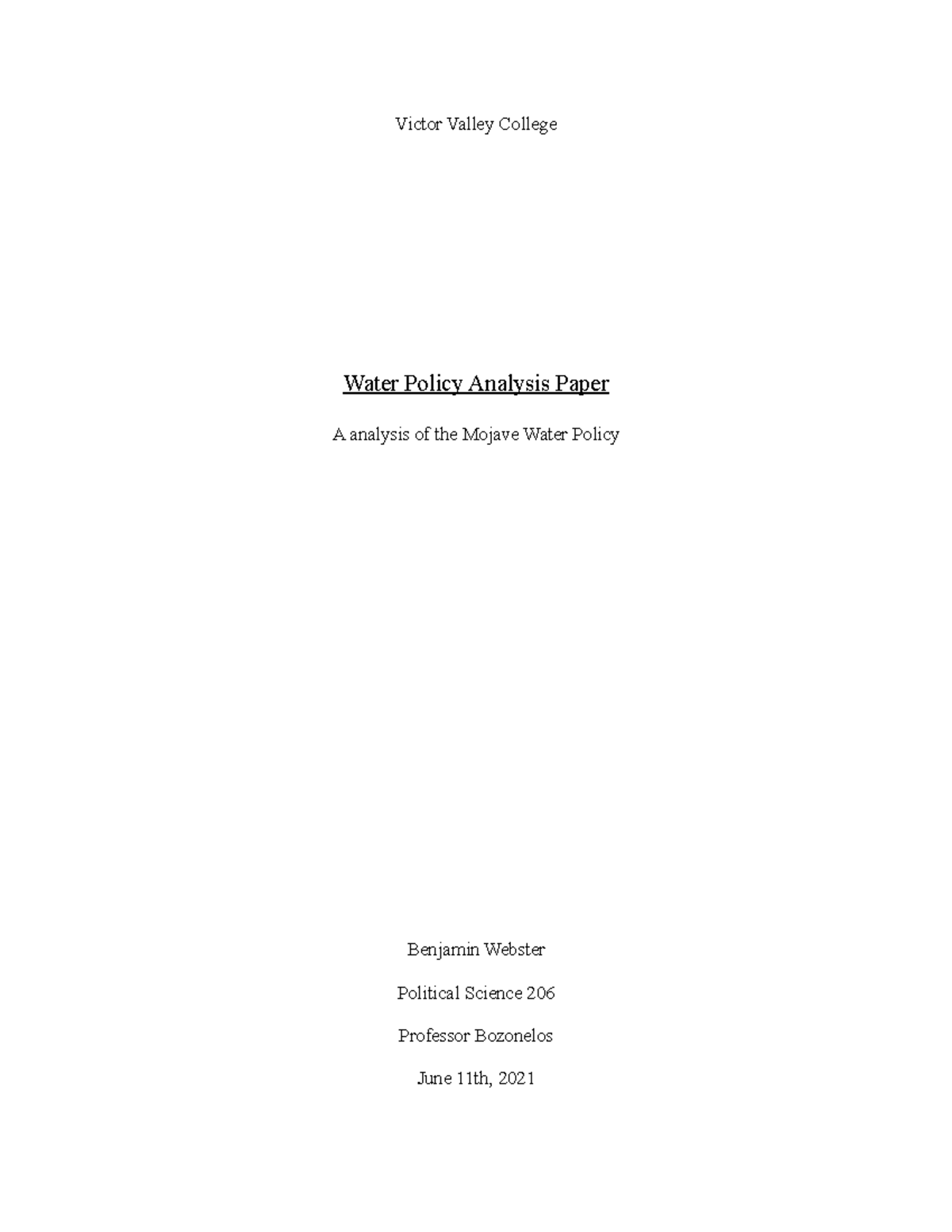 Water Policy Analysis Paper Victor Valley College Water Policy