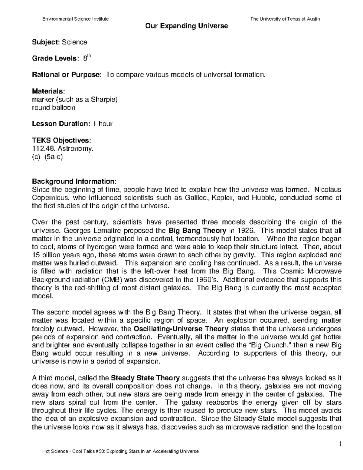 050 Lesson Plan Expanding Universe 1 Our Expanding Universe Subject