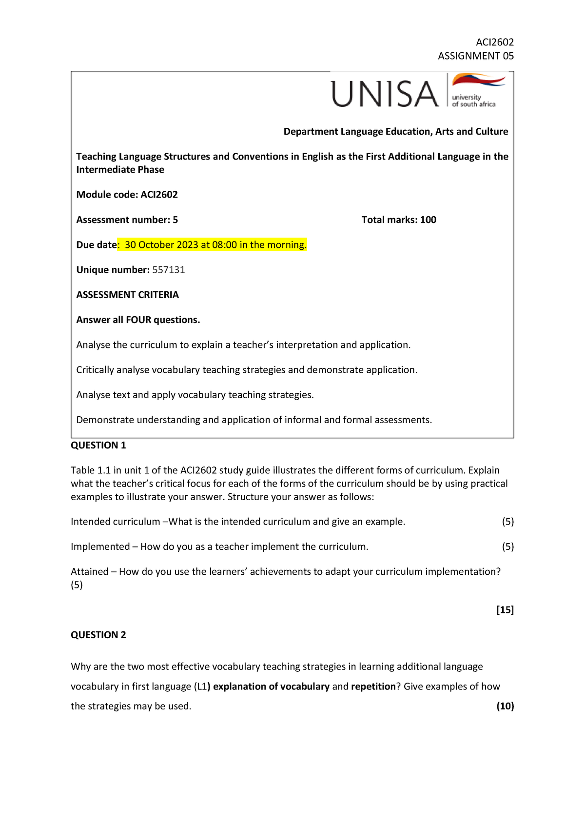 ACI2602 Assignment 05 - ACI ASSIGNMENT 05 Department Language Education ...