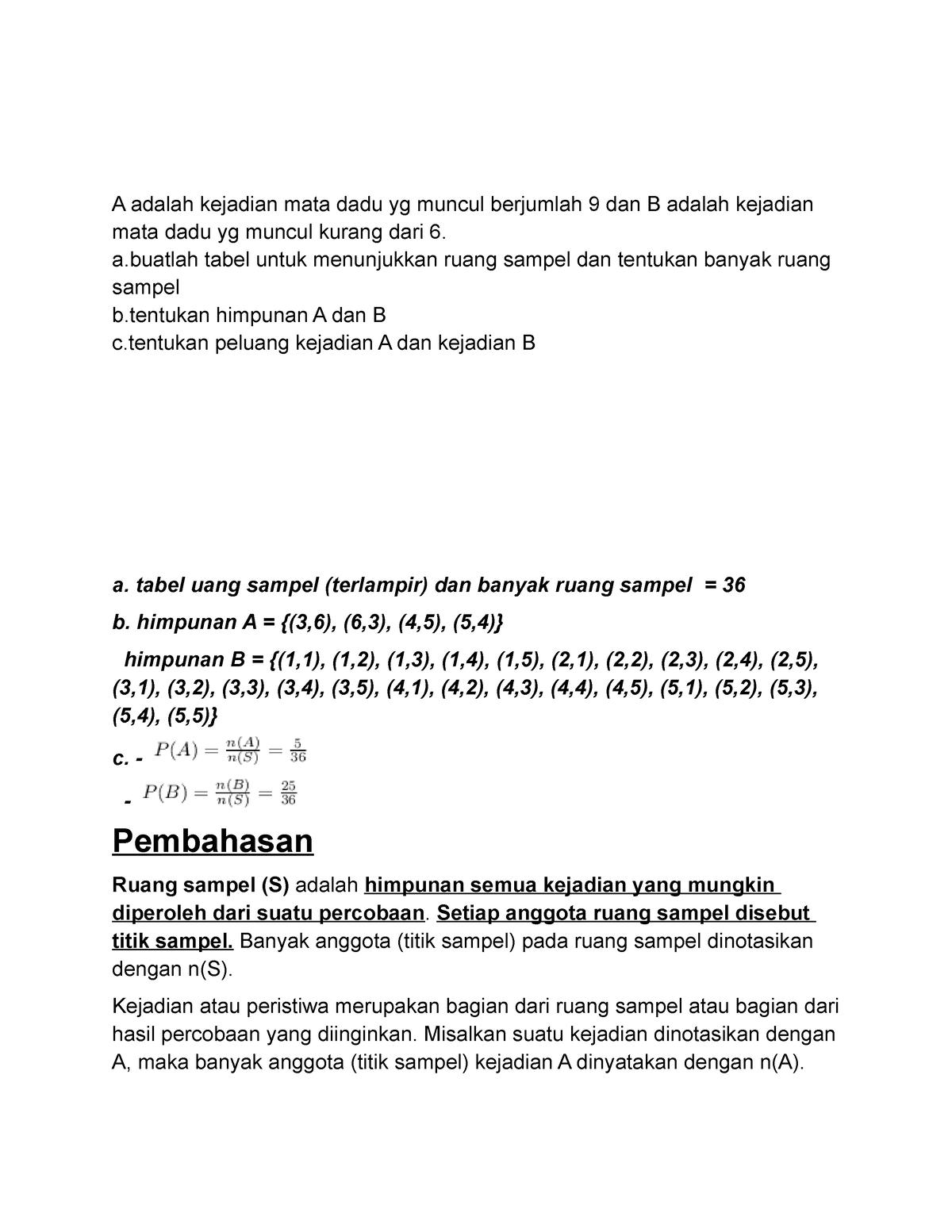 Jawaban Pengatar Probabilitas - A Adalah Kejadian Mata Dadu Yg Muncul ...