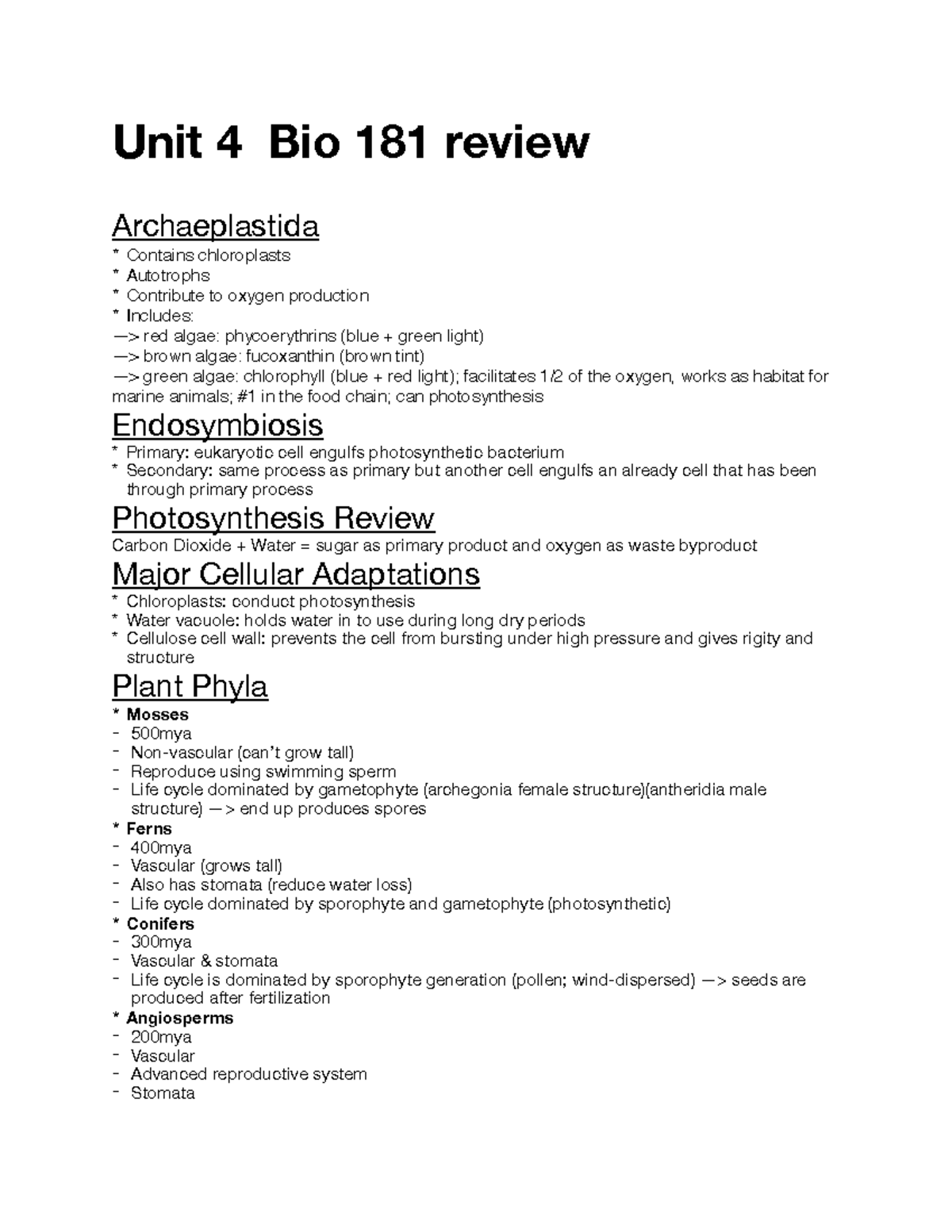 Unit 4 Bio 181 review - Unit 4 Bio 181 review Archaeplastida * Contains ...