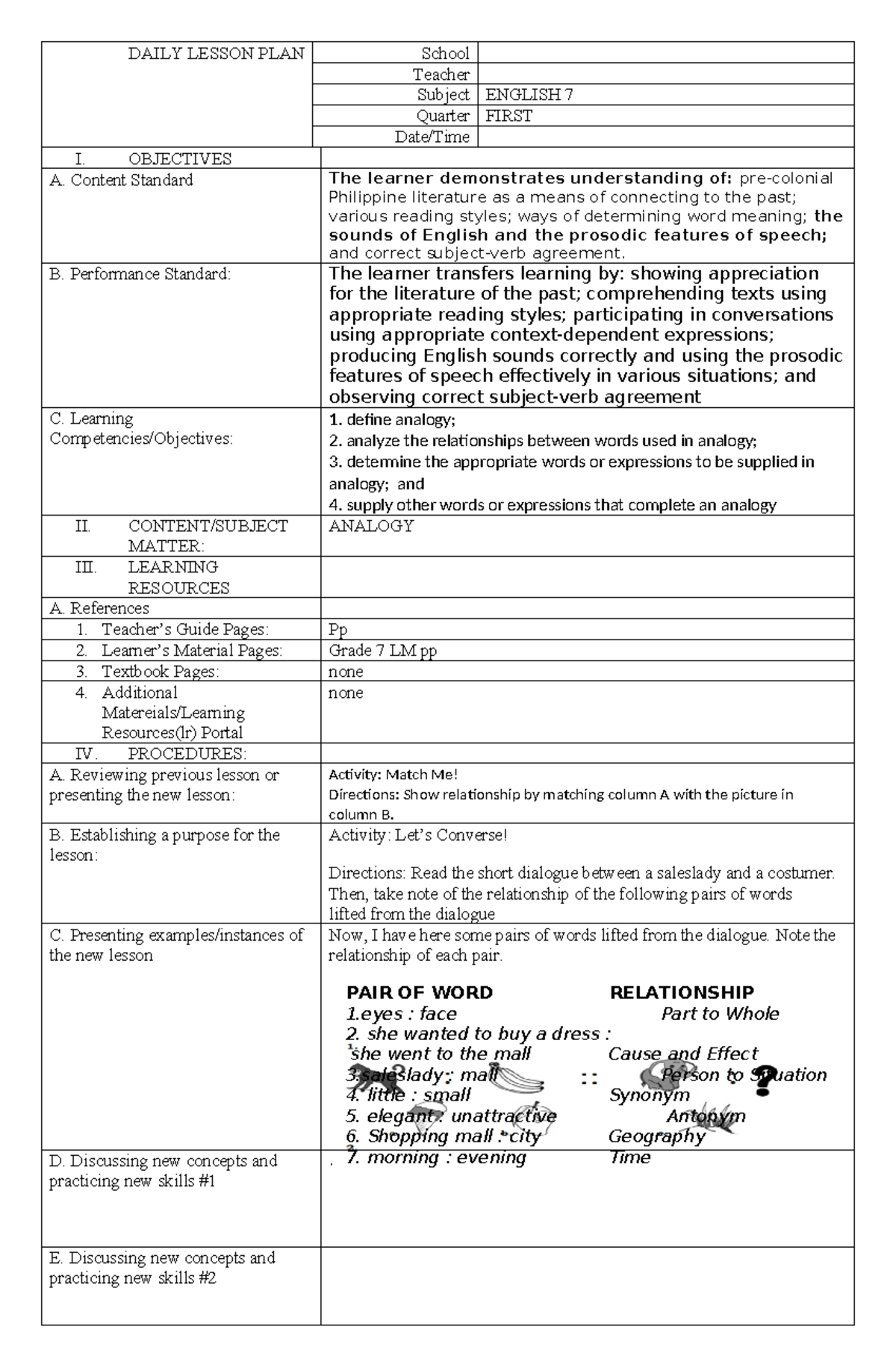 Analogy - LESSON PLAN - DAILY LESSON PLAN School Teacher Subject ...