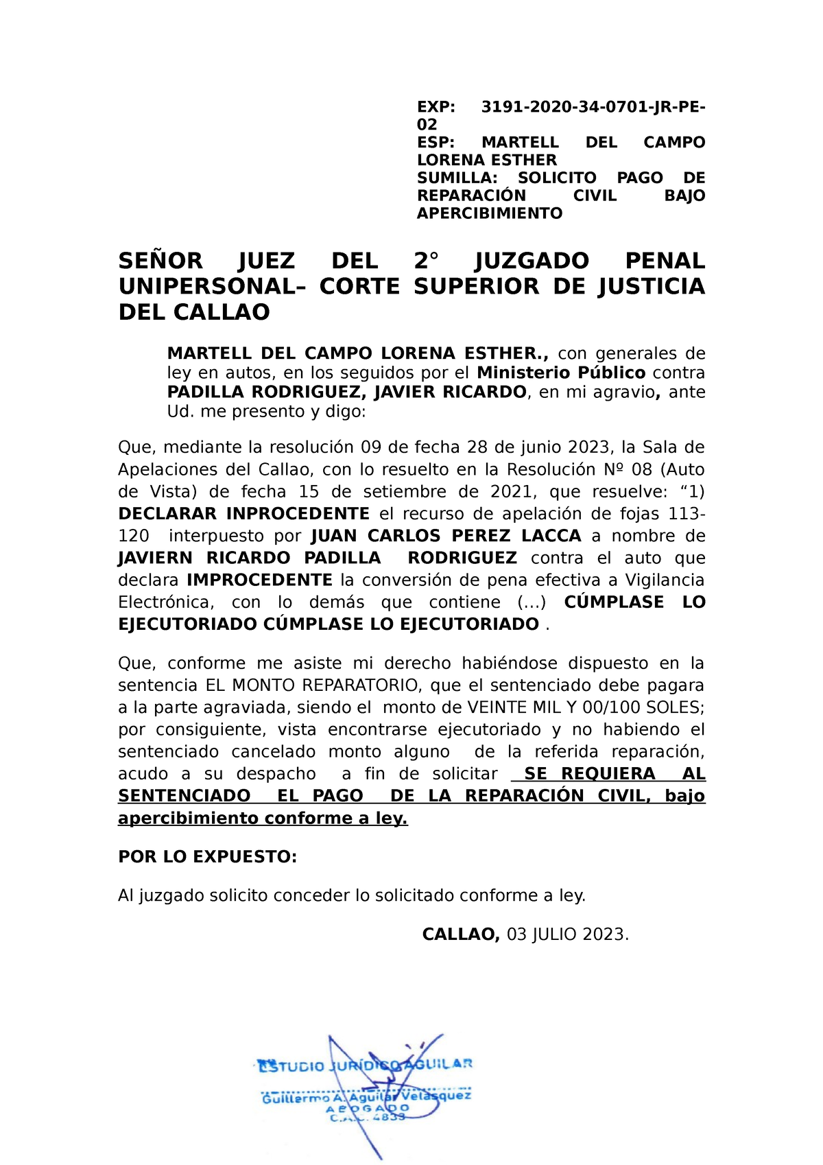 Solicito PAGO Reparación Civil - Derecho penal - UAP - Studocu