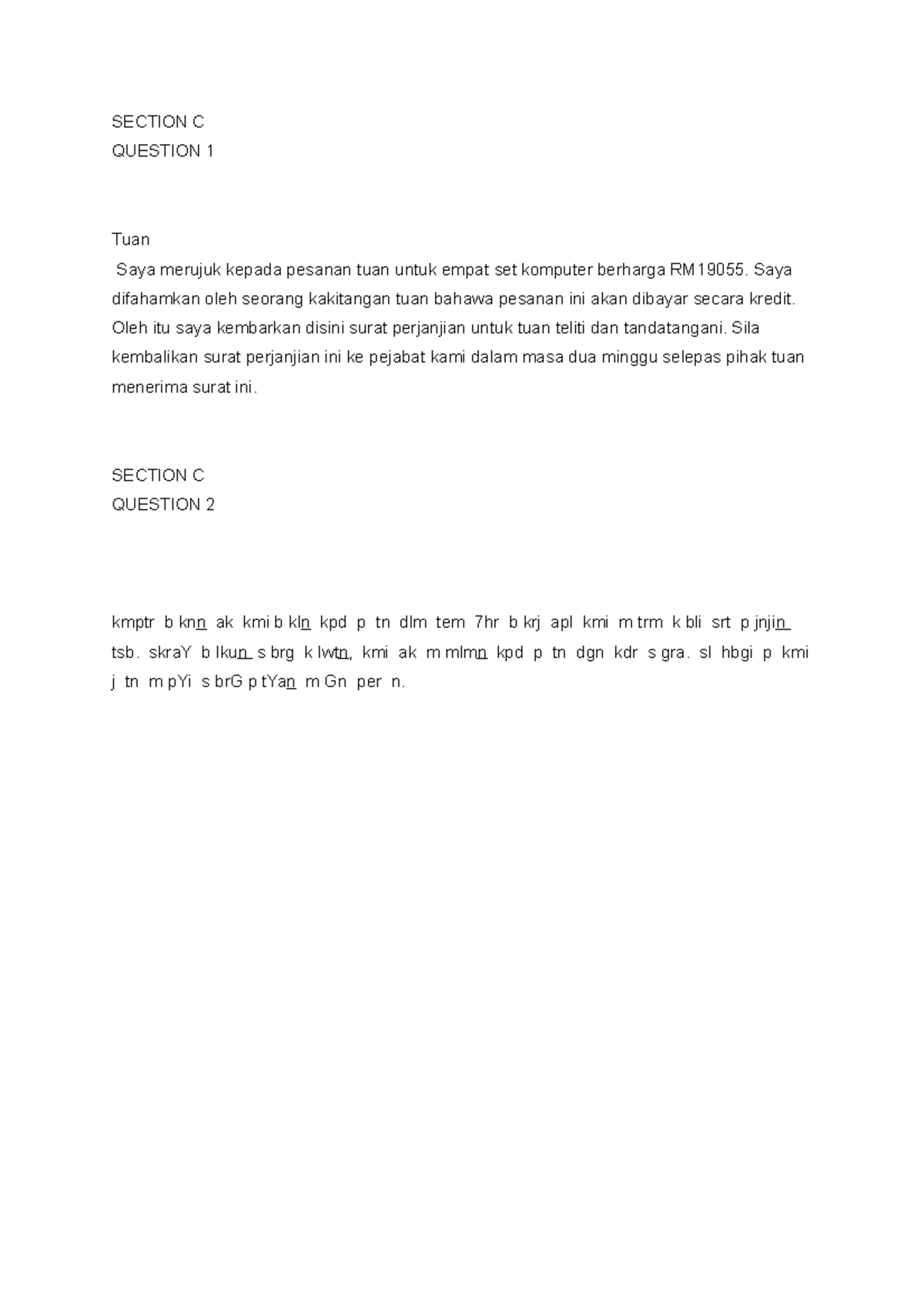 Exercise quiz rintas (question 1 &2) - SECTION C QUESTION 1 Tuan Saya ...