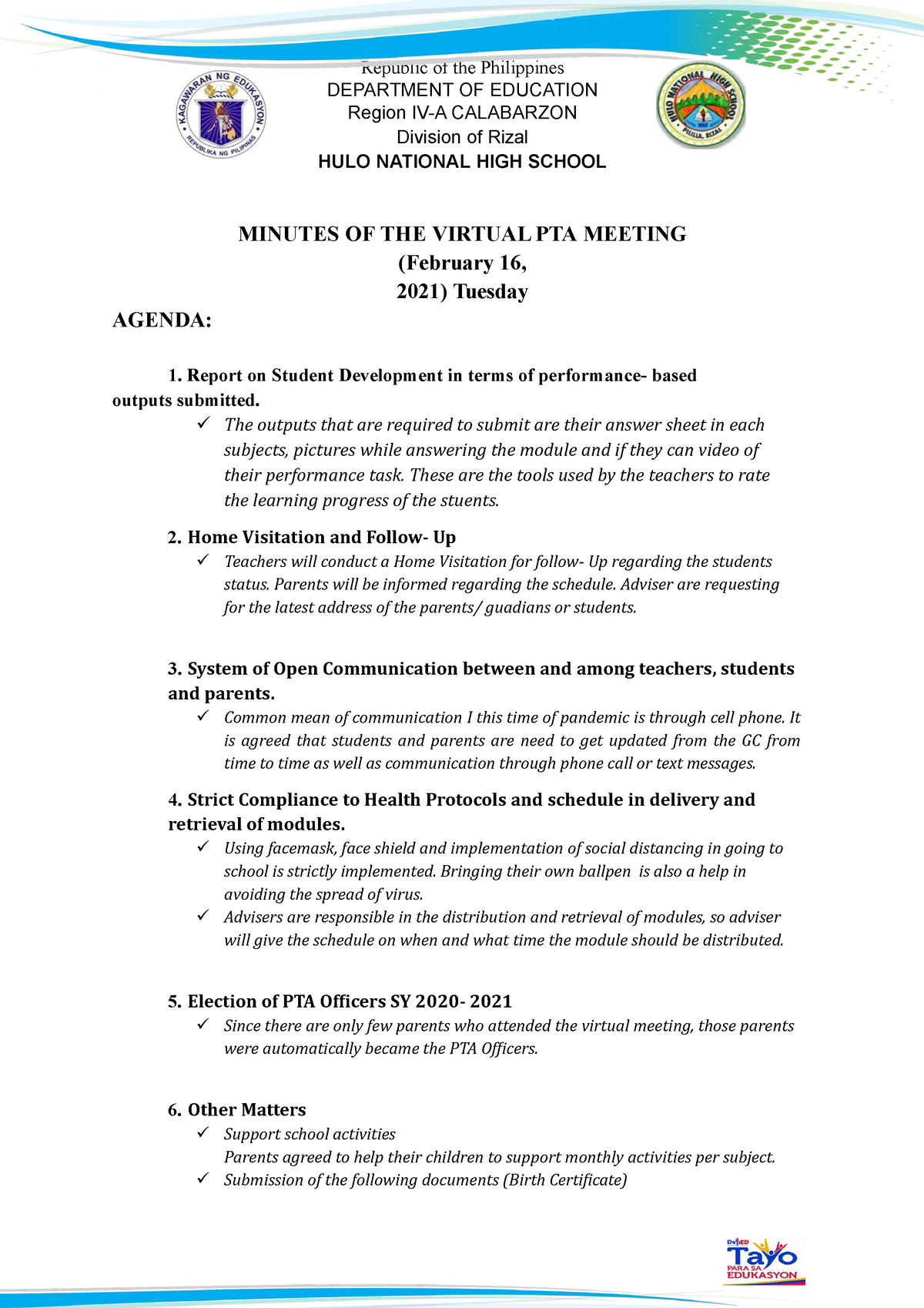 Pta Meeting Agenda Example