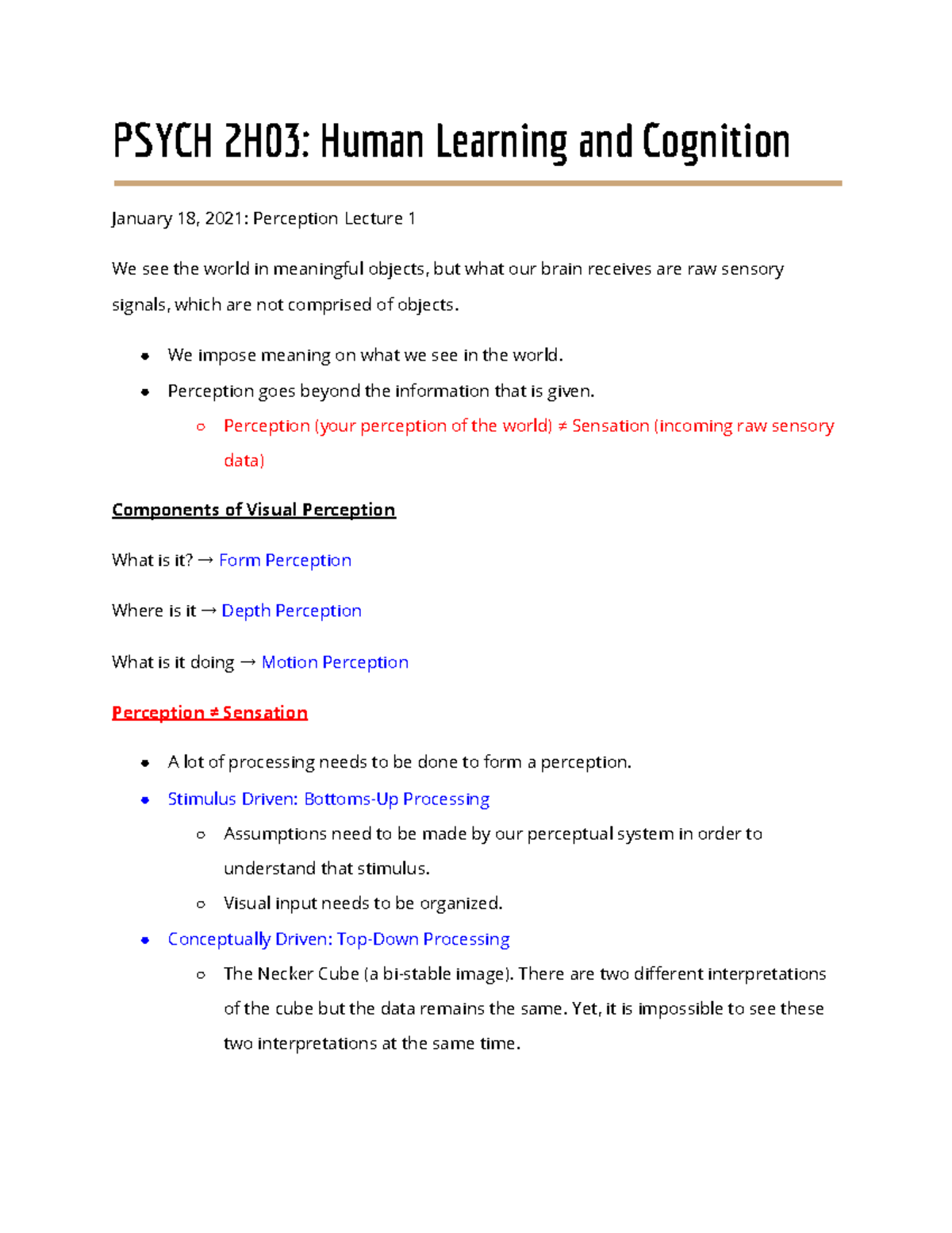 Lecture 1 - PSYCH 2H03: Human Learning and Cognition January 18, 2021 ...