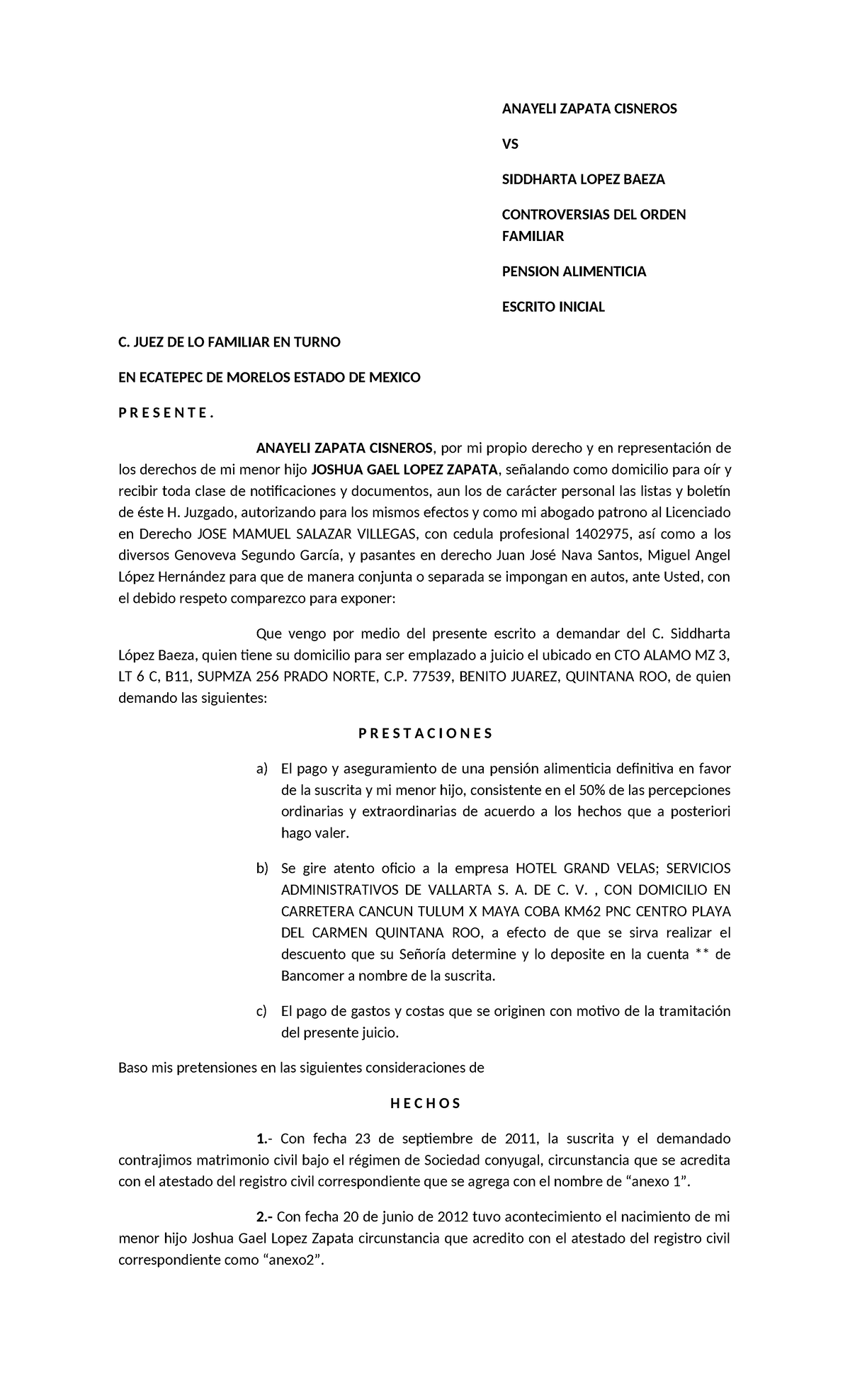 Demanda Pension Alimenticia Estado DE Mexico - ANAYELI ZAPATA CISNEROS ...