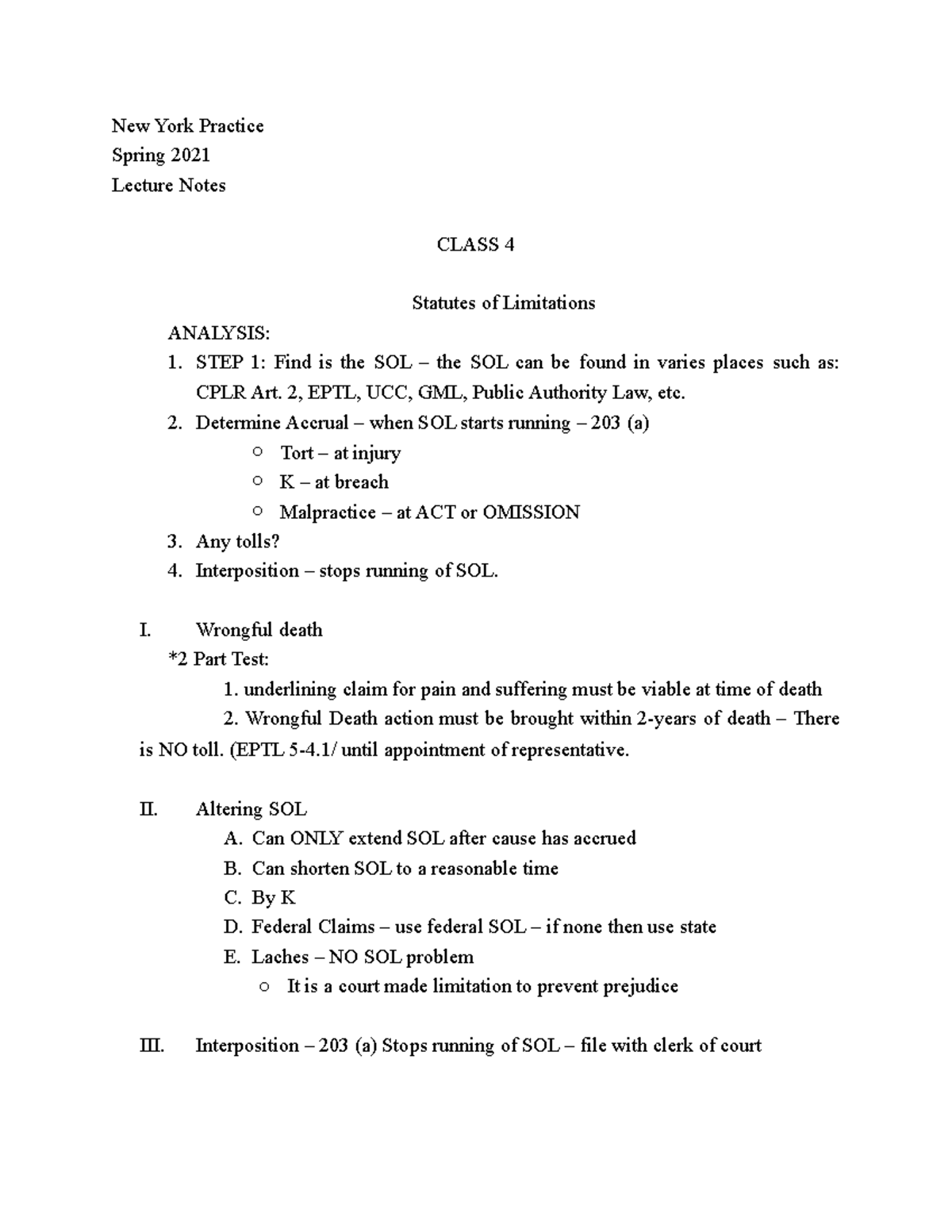 Statutes of Limitations New York Practice Spring 2021 Lecture Notes CLASS 4 Statutes of Studocu