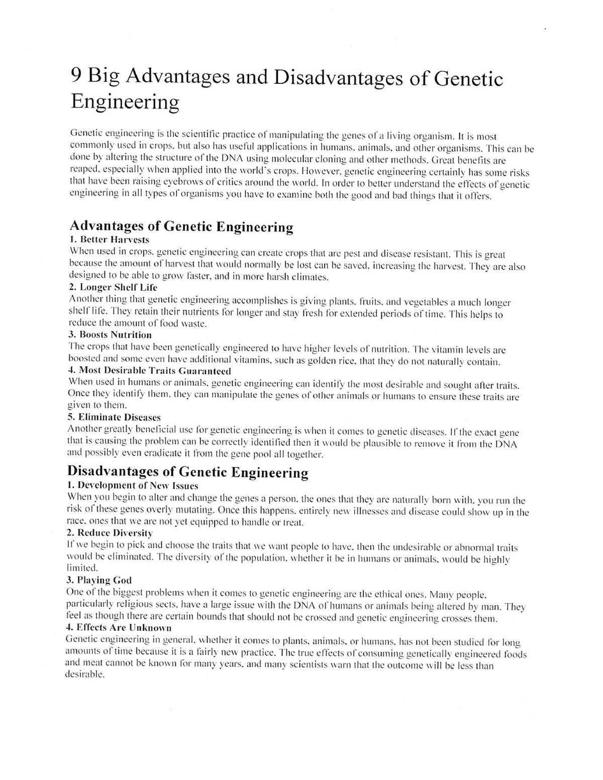 advantages and disadvantages of genetic engineering essay brainly