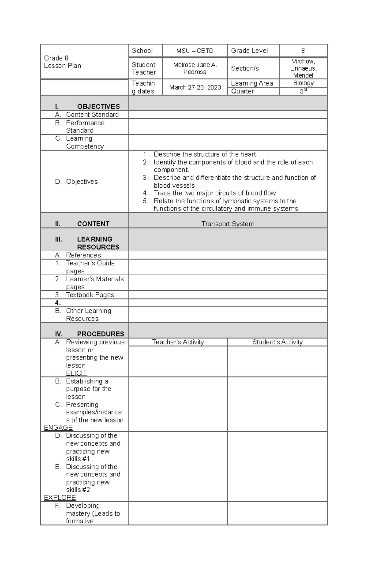 LP- Format - Lesson Plan - Grade 8 Lesson Plan School MSU – CETD Grade ...