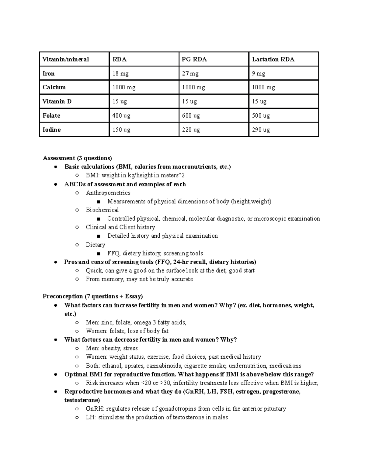 Exam 1 Study Guide Vitamin/mineral RDA PG RDA Lactation RDA Iron 18