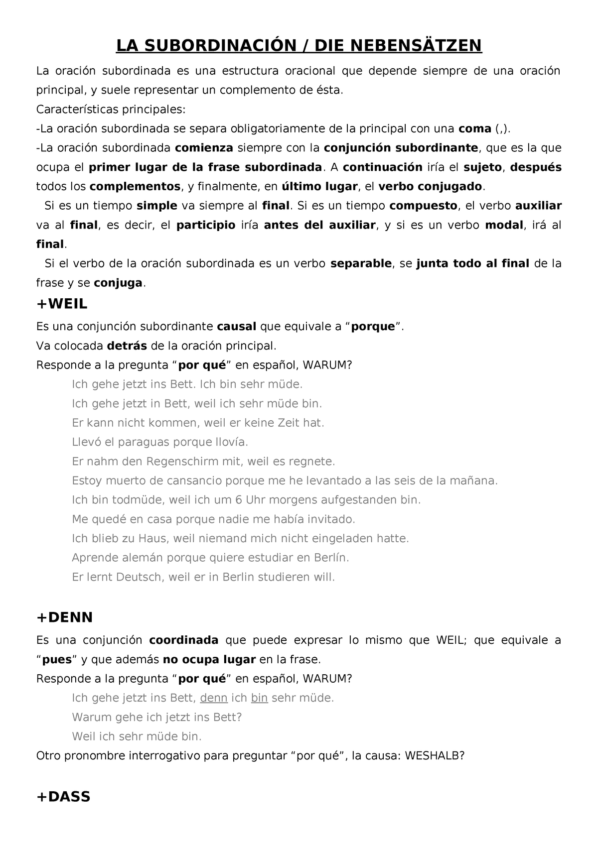 Die Nebensatzen Apuntes Sobre Las Oraciones Subordinadas La Die La Subordinada Es Una Estructura Oracional Que Depende Siempre De Una Principal Suele Studocu