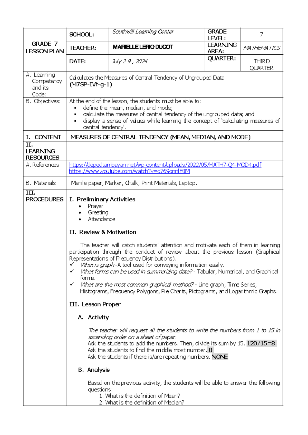 Lesson Plan In Mathematics - GRADE 7 LESSON PLAN SCHOOL: GRADE LEVEL: 7 ...